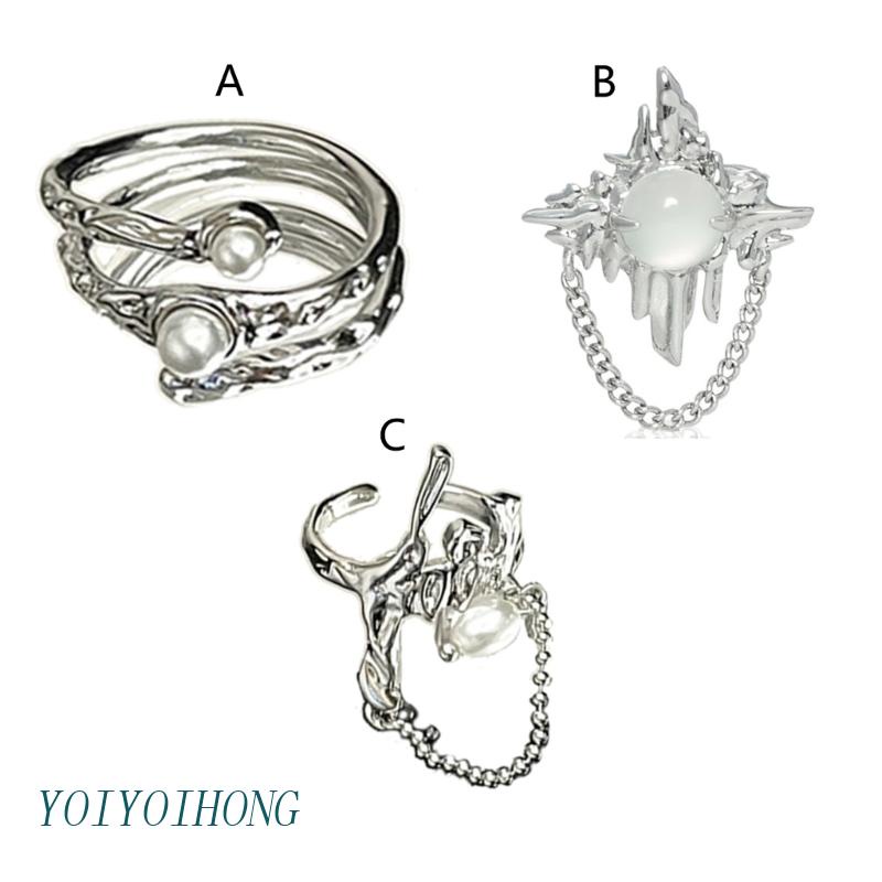 Nhẫn Hở Đính Đá Opal Tự Nhiên Nhiều Lớp Phong Cách Punk