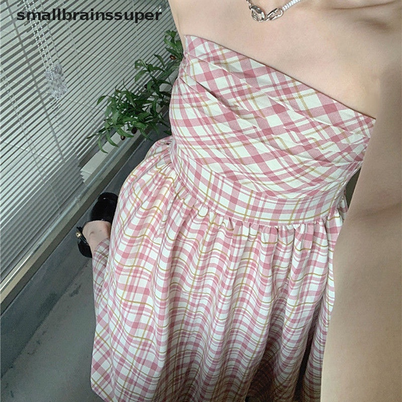 Đầm Dài Lưng Cao Hở Lưng Họa Tiết Sọc Caro Phong Cách Đường Phố Thời Trang Mùa Hè Cho Nữ SBS