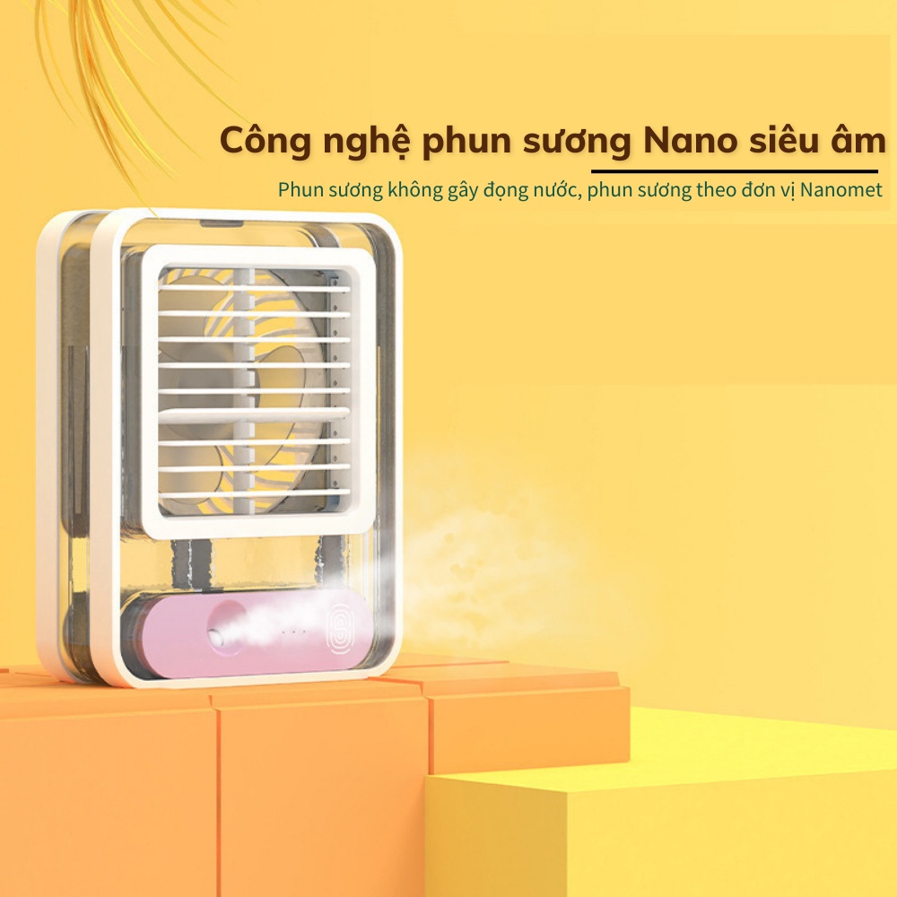 Quạt hơi nước mini để bàn, quạt phun sương sạc tích điện có viền led 3 cấp độ gió dung tích bình 300ml chính hãng