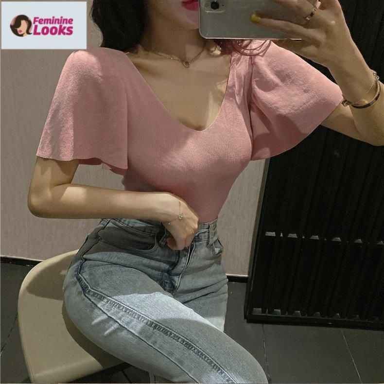 Áo Thun Dệt Kim Ngắn Tay Ôm Dáng Thời Trang Hàn Quốc