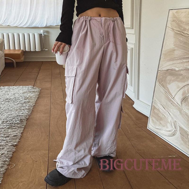 [] - Quần Baggy Dáng Rộng Lưng Vừa Màu Trơn Có Túi Và Dây Rút Cho Nữ