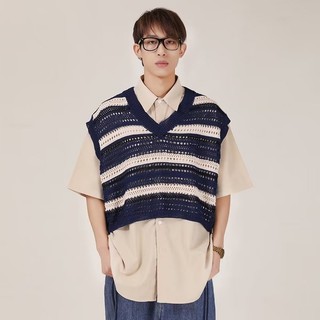 Áo Len Cộc Tay Cổ Chữ v Họa Tiết Sọc Ngang Màu Sắc Tương Phản Phong Cách Retro Dành Cho Nam