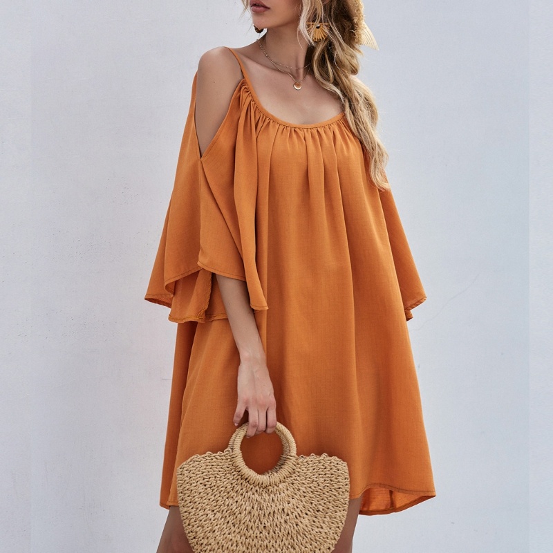 Đầm Mini Dáng Suông Hở Vai Màu Trơn Thời Trang Cho Nữ