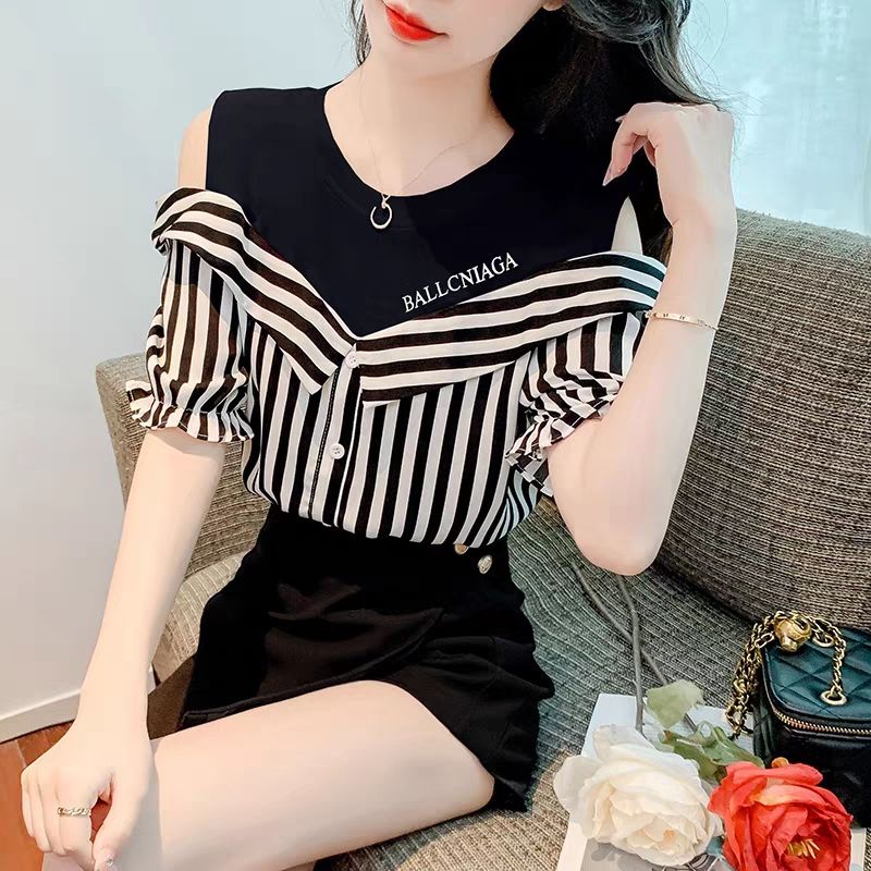 Áo Thun Ngắn Tay Giả Hai Lớp Họa Tiết Sọc Thời Trang Dành Cho Nữ