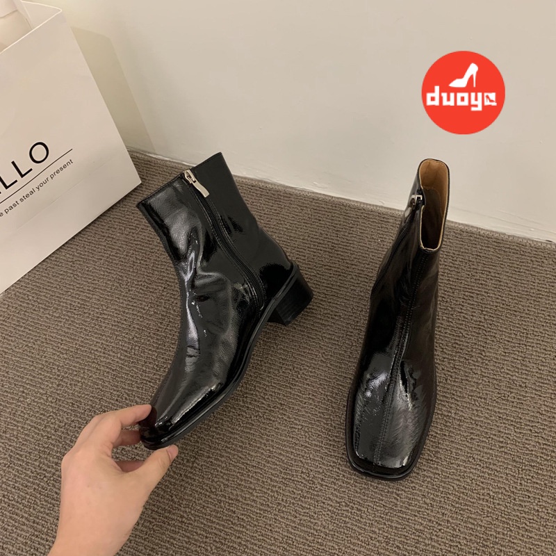 Duoya Tóc Thẳng ~ [Phong Cách Retro] Giày Bốt Martin Da Bóng Gót Vừa Dày Mũi Vuông Phong Cách Anh Quốc