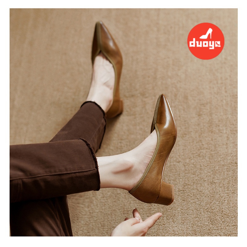 Duoya Giày Cao Gót Mũi Nhọn Miệng Nông Bằng Da Mềm Dày Dặn Cho Nữ [Hàng Có Sẵn] Miễn Phí Vận Chuyển