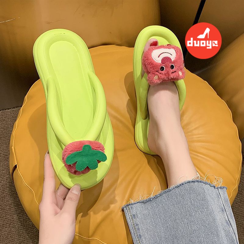 Duoya Tóc Thẳng ~ [Hàng Có Sẵn] Dép Xỏ Ngón Đi Biển Mùa Hè Dày Dặn Họa Tiết Gấu Dâu Tây Dễ Thương Cho Nữ Giao Hàng Miễn
