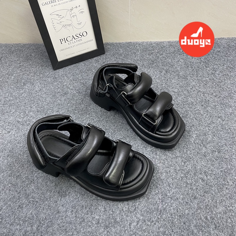 Duoya Tóc Thẳng ~ [Hàng Có Sẵn] Sandal Hở Ngón Đế Dày Màu Đen Tăng Chiều Cao Thời Trang Thường Ngày Cho Nữ Miễn Phí Vận Chuyển