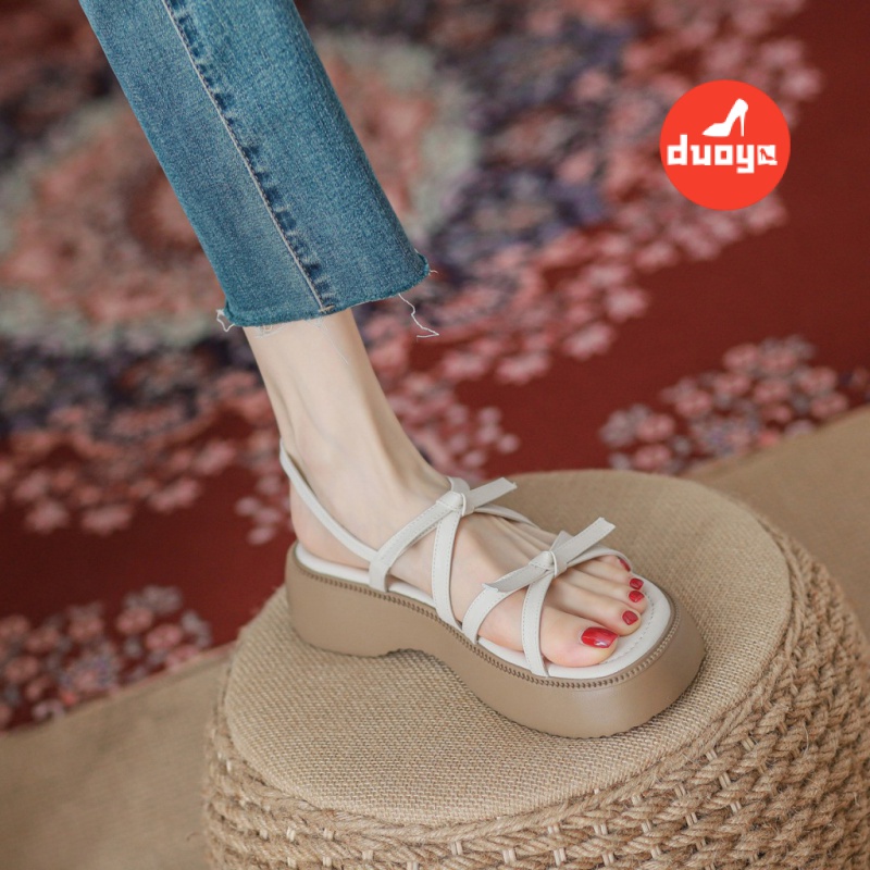 Duoya Tóc Thẳng ~ [Hàng Có Sẵn] Giày Sandal Đế Dày Phẳng Đính Nơ Phong Cách Roman Cho Nữ Miễn Phí Vận Chuyển