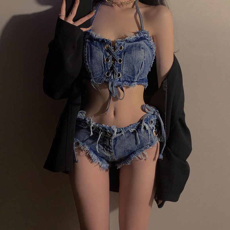 Bộ Đồ Bơi Nâng Ngực Vải Denim Phong Cách Âu Mỹ Quyến Rũ Cho Nữ