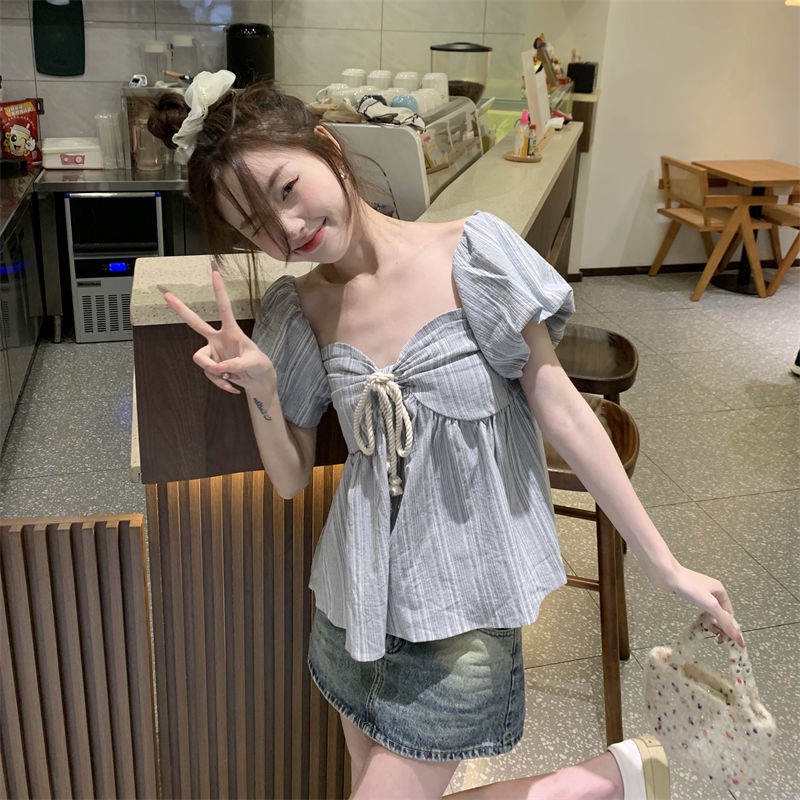 Áo Croptop Trễ Vai Cổ Vuông Họa Tiết Kẻ Sọc Phong Cách Hàn Quốc Thời Trang Cho Nữ