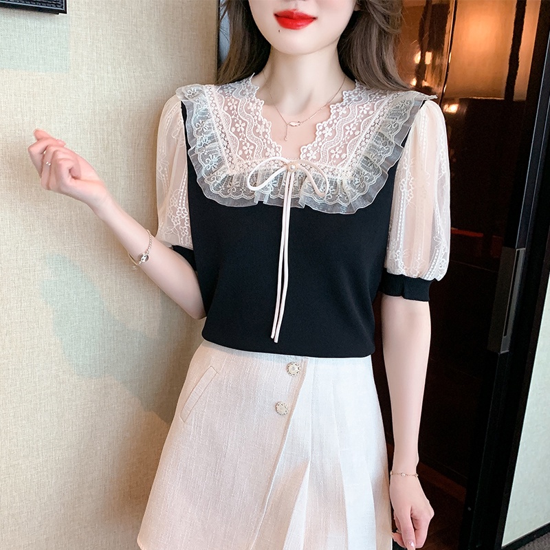 Áo Sweater Lụa Lạnh Cao Cấp Cổ Chữ V Phối Ren Thắt Nơ Thời Trang Mùa Hè 2023 Mới Chất Lượng Cao Cho Nữ