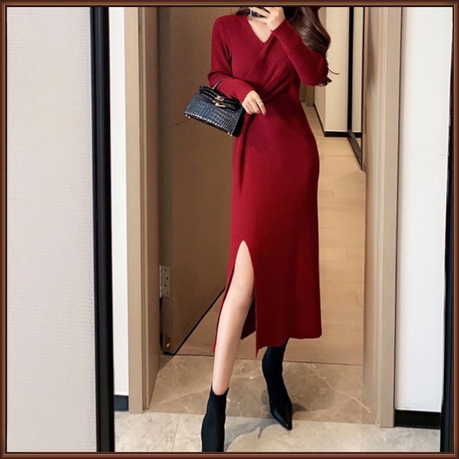 Đầm Dệt Kim Tay Dài Cổ Chữ V Xẻ Tà Màu Sắc Đơn Giản Phong Cách Retro Dành Cho Nữ