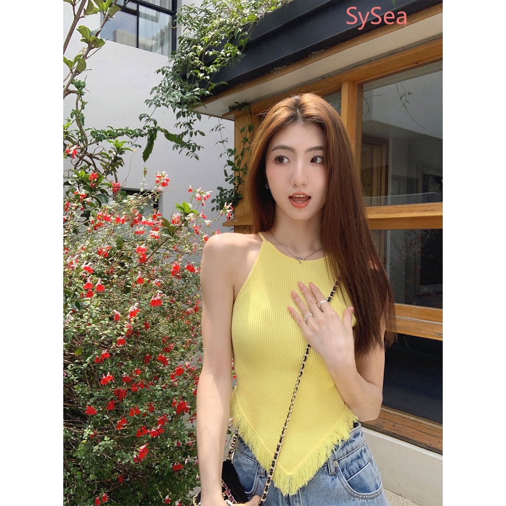 Áo Hai Dây Dệt Kim Ôm Dáng Phối Tua Rua Thời Trang Mùa Hè Cho Nữ