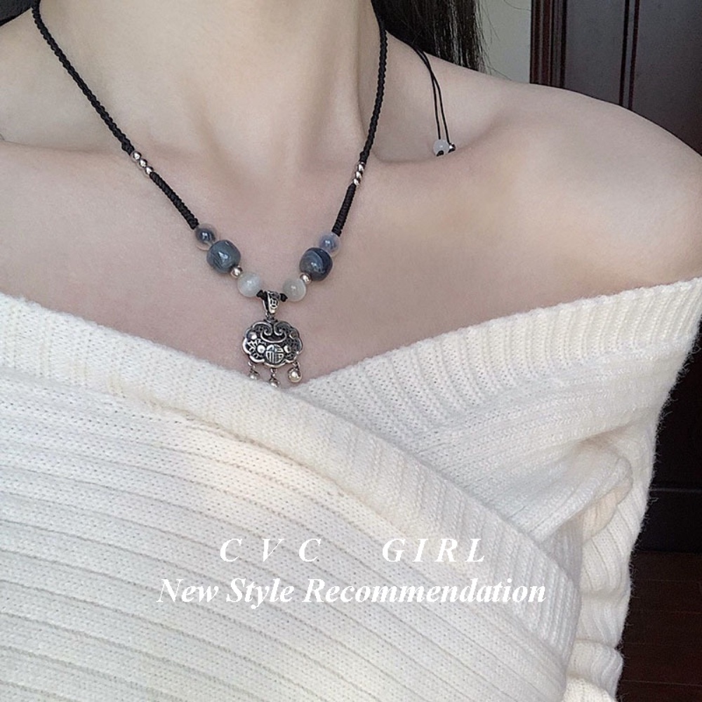 Vòng Cổ Bện Dây Đen Đính Hạt Ngọc Bích Giả Phong Cách Trung Quốc Cổ Điển Cao Cấp Dễ Phối Đồ