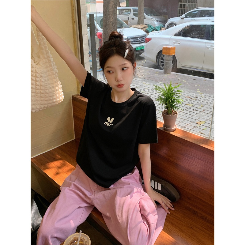 Áo Thun Tay Ngắn Dáng Rộng In Hình Tai Thỏ Ba Chiều Thời Trang Mùa Hè Cho Nữ