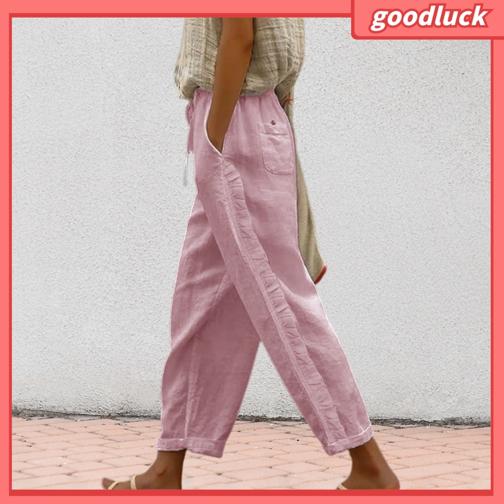 [ULK] Quần Dài Dây Rút Co Giãn Phối Viền Bèo Bên Hông Màu Trơn Thời Trang Đường Phố Mùa Hè Cho Nữ