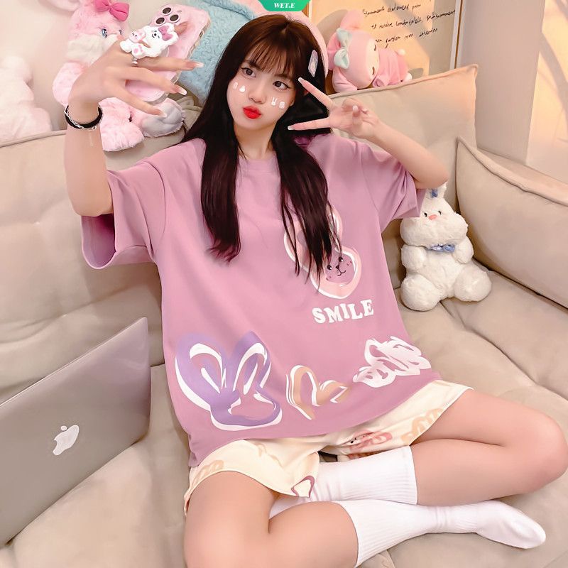 Bộ Đồ Ngủ Cotton Tay Ngắn In Hình Thỏ Dễ Thương Phong Cách Harajuku Thời Trang Mùa Hè 2023