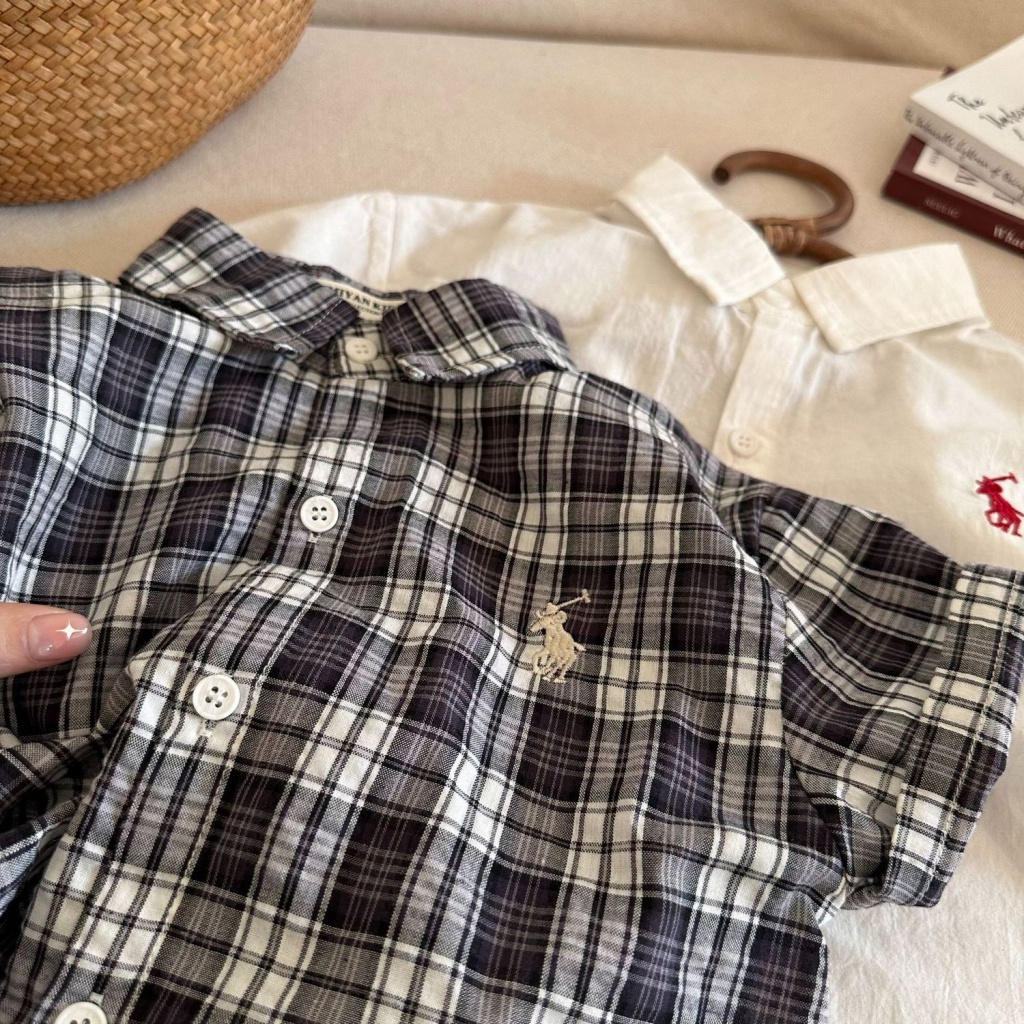 Áo Sơ Mi Ngắn Tay Thêu Họa Tiết Caro Thời Trang Mùa Hè Hàn Quốc Mới Cho Bé Trai Và Gái