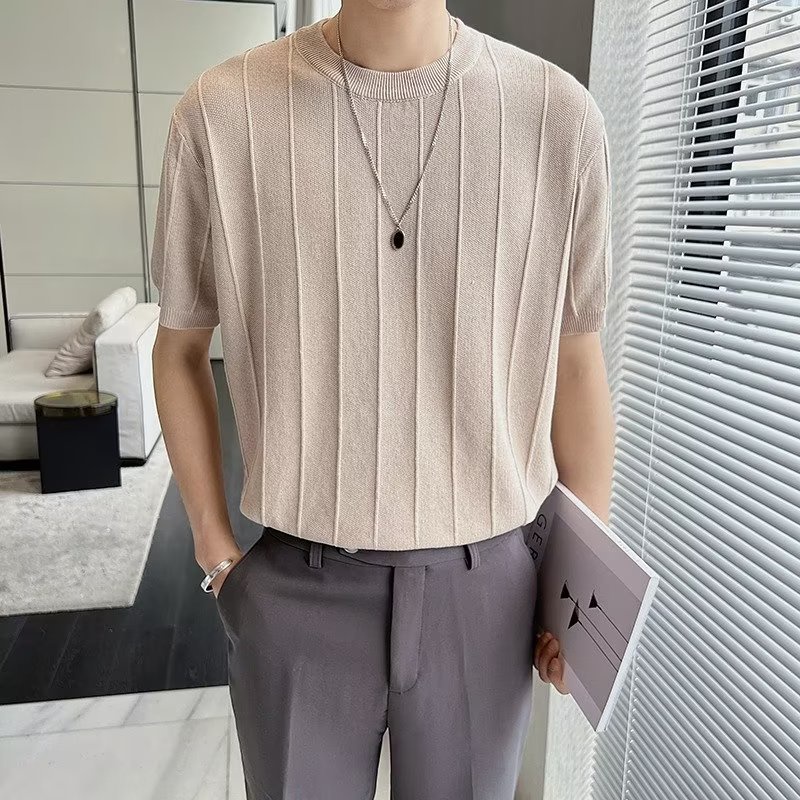Áo Thun Dệt Kim Ngắn Tay Cổ Tròn Dáng Ôm Thời Trang Mùa Hè Cho Nam
