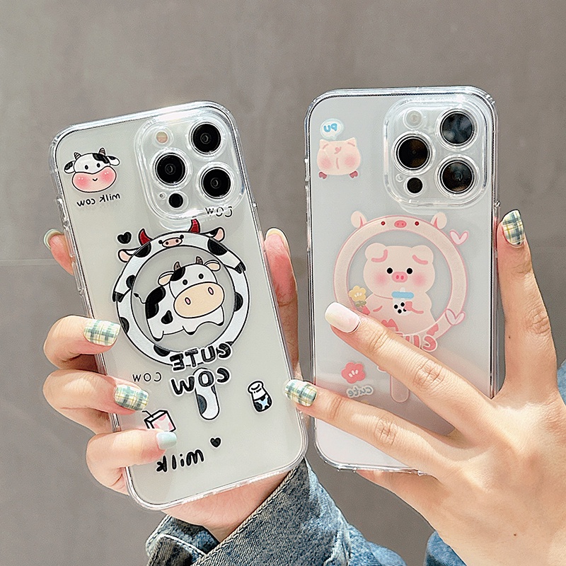 Ốp Điện Thoại Trong Suốt Từ Tính Họa Tiết Bò Sữa Hoạt Hình Cho iphone 15 11 14 plus 12 13 pro max