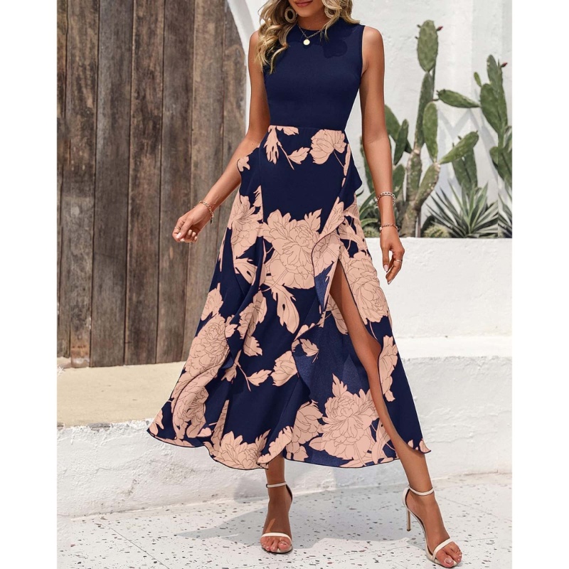 Xiangbao Đầm Midi Dài Phối Bèo Nhún In Hoa Xẻ Tà Cao Bên Hông Thời Trang Công Sở Nữ Tính