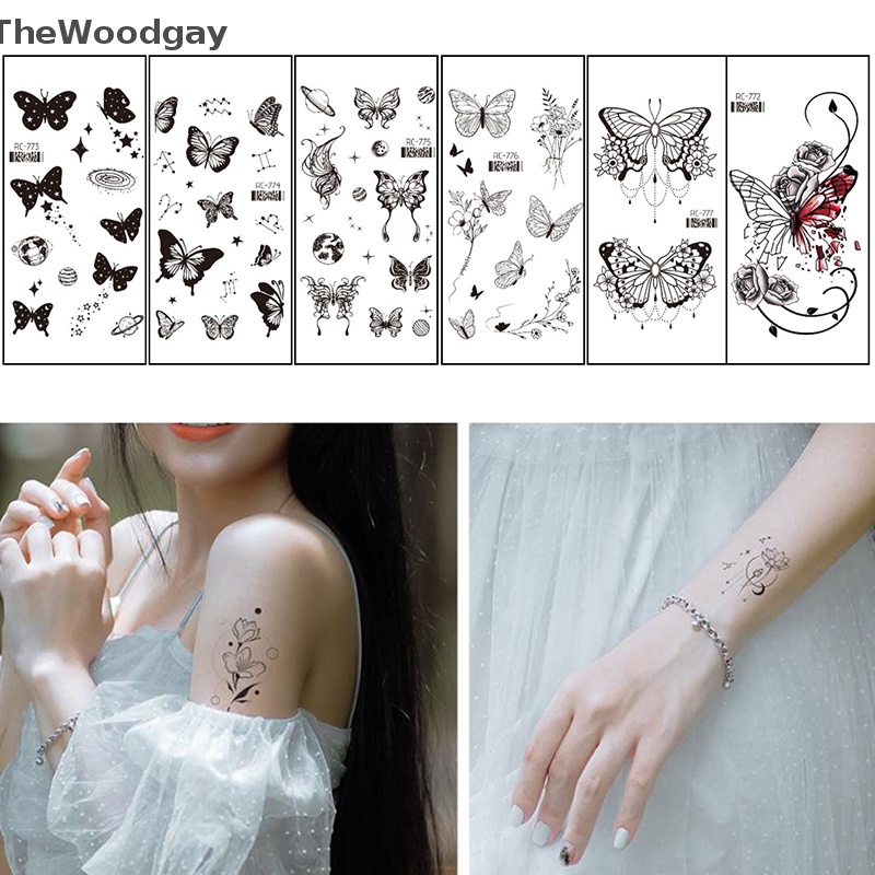Hình Xăm Dán Tạm Thời Hình Hoa Hồng Và Bướm Đen Chống Thấm Nước