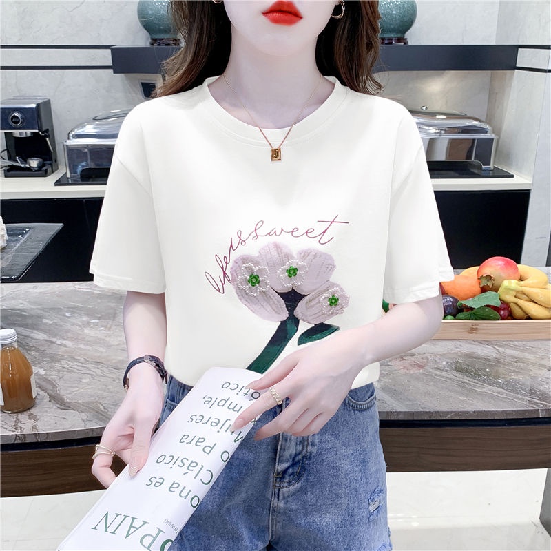 Dd5m Hàng Có Sẵn Áo Thun Cotton Tinh Khiết Dáng Rộng Tay Ngắn In Hình Hoa Mùa Hè 2023 Dễ Phối Đồ Phong Cách Mới Cho Nữ