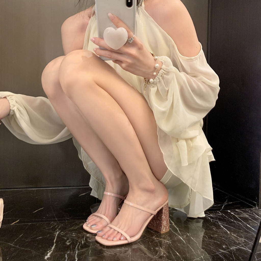 Duoya Tóc Thẳng ~ [Hàng Có Sẵn] Dép Sandal Cao Gót Vải Lụa Amin Dày Đính Kim Sa Thời Trang Mùa Hè Cho Nữ Miễn Phí Vận Chuyển
