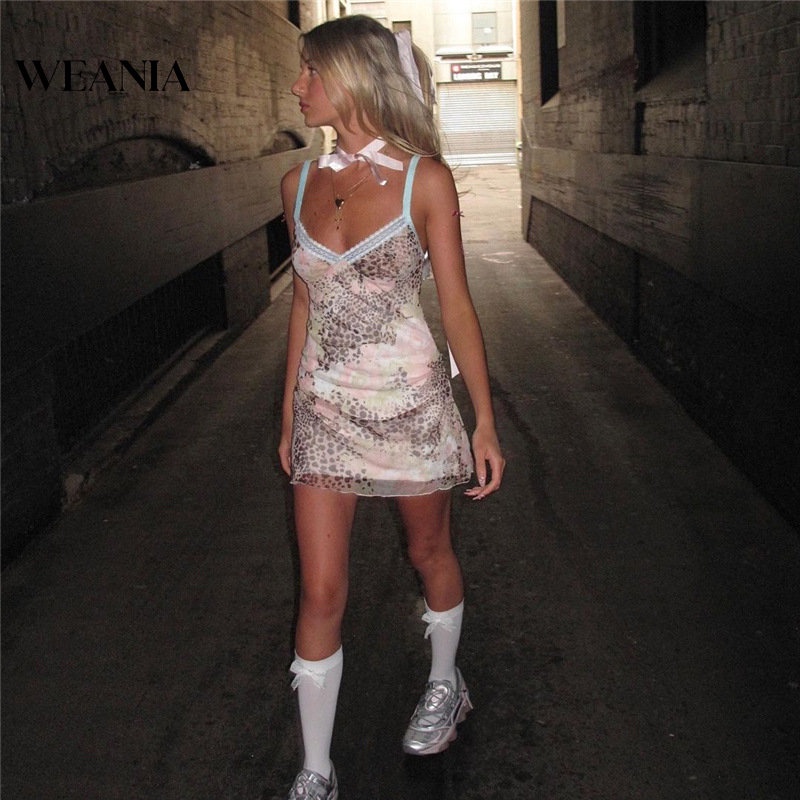 Đầm Cổ Chữ U Hở Lưng Hai Lớp Phối Lưới In Họa Tiết Thời Trang Mùa Hè