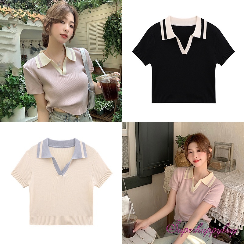 Áo Croptop Dệt Kim Tay Ngắn Cổ Bẻ Màu Sắc Tương Phản Thời Trang Cho Nữ