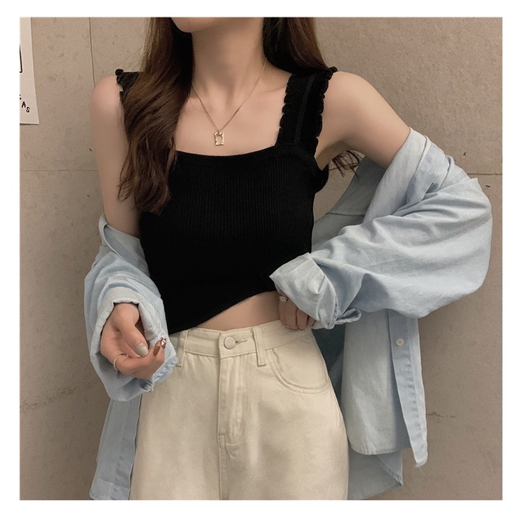 [Hàng Quảng Châu] SP628 Áo hai dây bản to viền bèo cổ vuông len siêu xinh