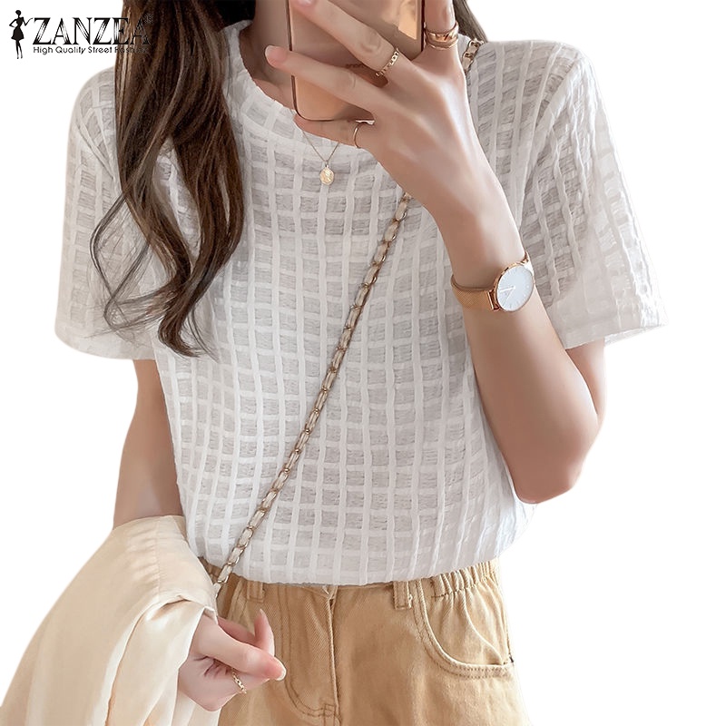 Áo nữ ZANZEA tay ngắn cổ tròn họa tiết caro màu trơn phong cách Hàn Quốc