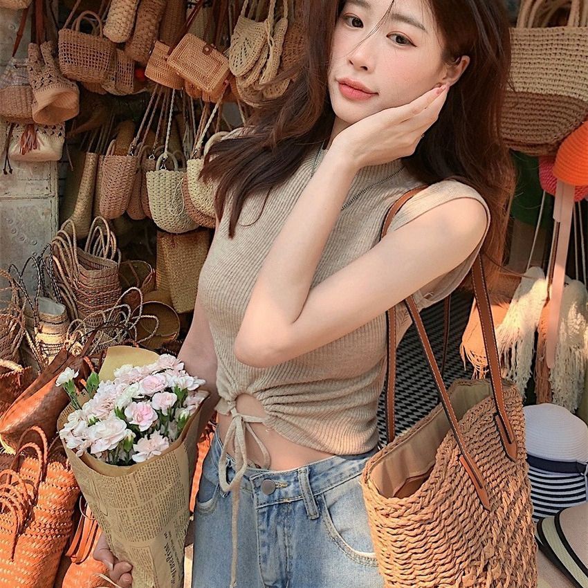 COZOK Áo Thun Dệt Kim Ngắn Tay Thắt Dây Lưng Thời Trang