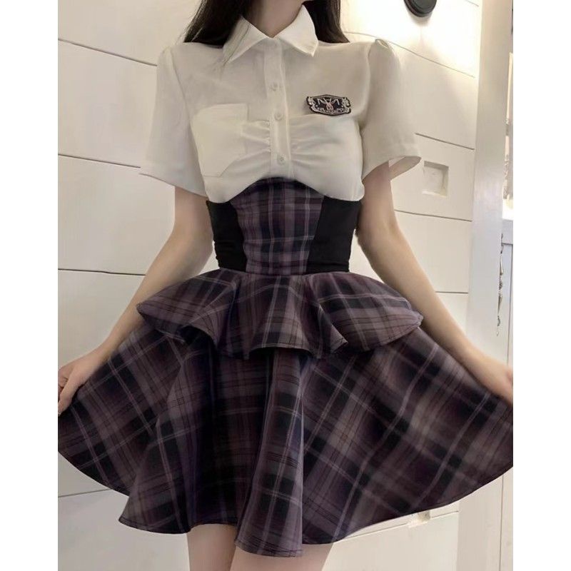 Bộ Áo Sơ Mi Cổ Bẻ Phối Chân Váy Lưng Cao Màu Tím Ngọt Ngào Phong Cách Phương Tây CF1A