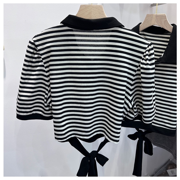 NZN Áo polo Ngắn Tay Họa Tiết Sọc Trắng Đen Thời Trang Mùa Hè Cho Nữ