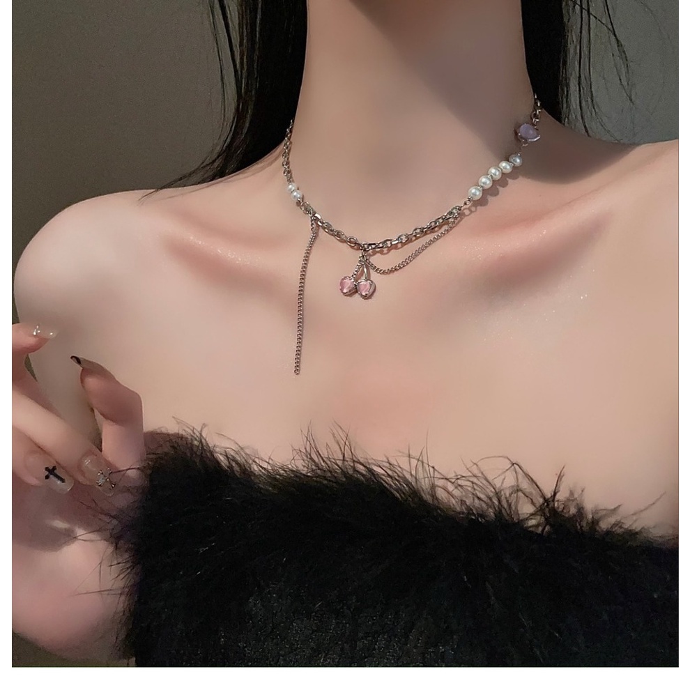 Vòng cổ Ngọc Trai Kim Loại Hình Quả Cherry Phong Cách Hàn Quốc Cá Tính