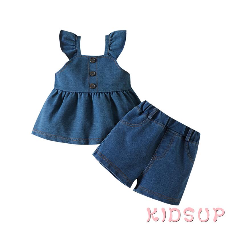 Set Đồ Mùa Hè 2 Món Gồm Áo Tay Xòe Chấm Bi Màu Trơn Cài Nút + Quần Ngắn Denim Eo Co Giãn Cho Bé Gái