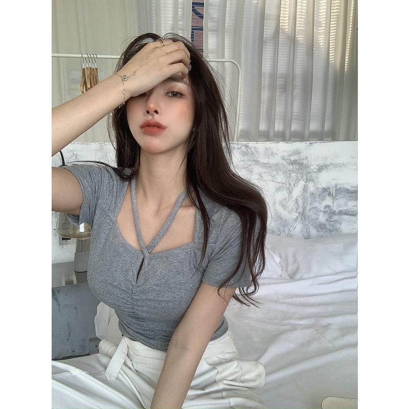 Áo Thun Tay Ngắn Cổ Vuông Dáng Ôm Thiết Kế Mới Thời Trang Mùa Hè Cho Nữ