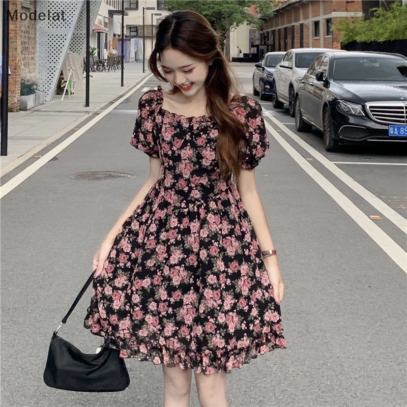 Đầm Tay Ngắn Cổ Vuông In Họa Tiết Hoa Thời Trang Mùa Hè Xinh Xắn Cho Nữ