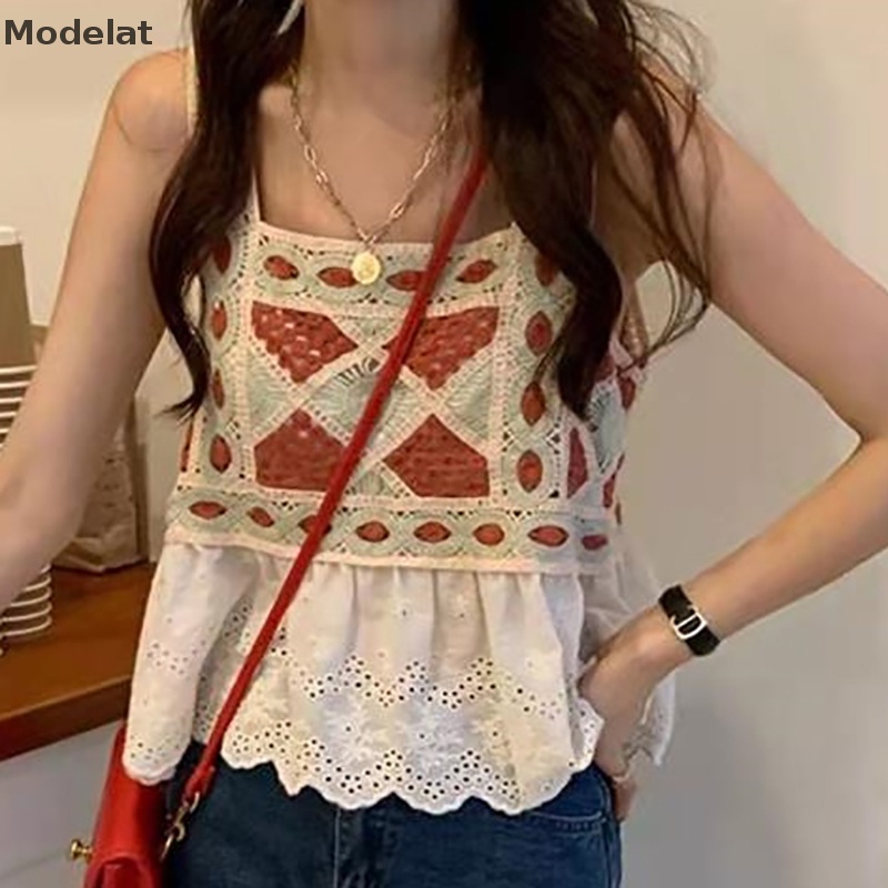 Áo Hai Dây Mùa Hè MFC Thêu Họa Tiết Rỗng Ghép Nối Cổ Điển Cho Nữ WTD