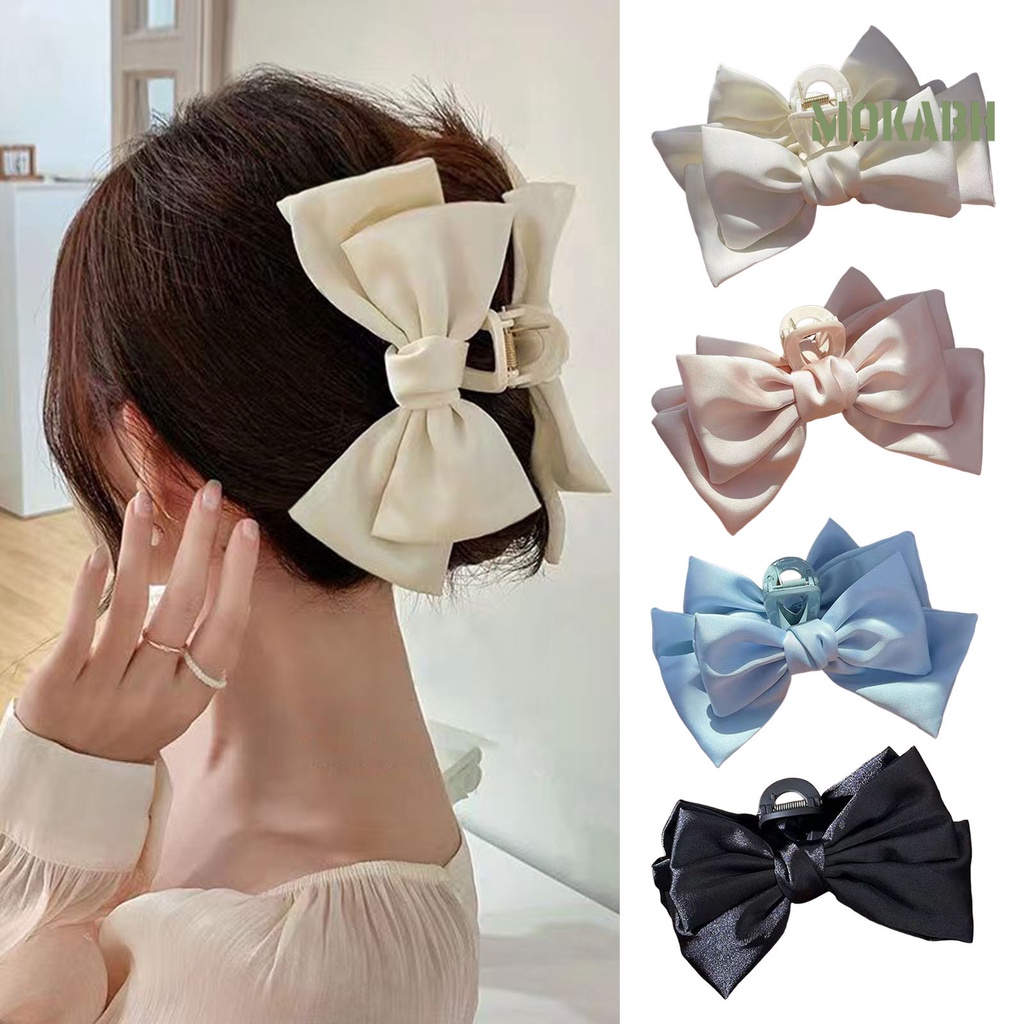 Kẹp Tóc Dạng Móng Vuốt Chống Trượt Hai Lớp Thắt Nơ Màu Trơn Phong Cách Công Chúa Dành Cho Nữ