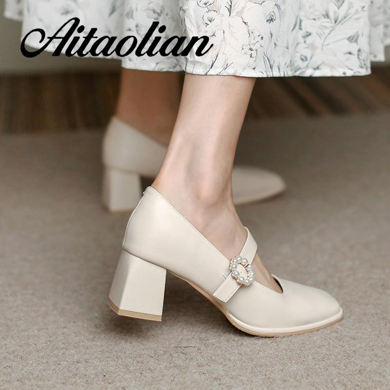 Giày Cao Gót 5Cm Da Mềm Mũi Vuông Đính Khóa Ngọc Trai Chống Trượt Phong Cách Anh Quốc