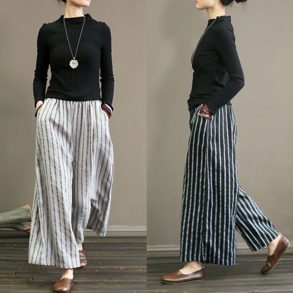 Quần Dài Thể Thao Ống Rộng Bằng Cotton Lanh Mỏng Họa Tiết Kẻ Sọc Phong Cách Cổ Điển Thời Trang Mùa Hè Dành Cho Bạn Nữ