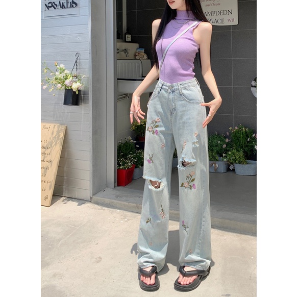 NZN Quần jeans Nữ Lưng Cao Thêu Hoa Cá Tính