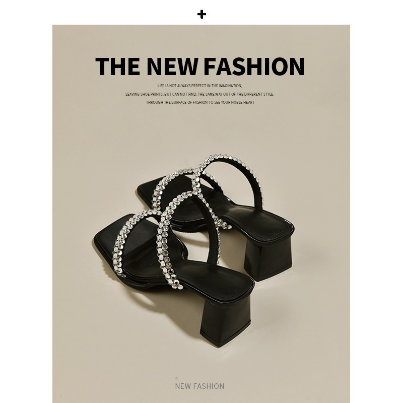 Duoya Tóc Thẳng ~ [Hàng Có Sẵn] Giày Cao Gót Sandal Hở Ngón Đế Dày Quai Đính Đá Rhinestone Dễ Phối Đồ Cho Nữ Miễn Phí Vận Chuyển