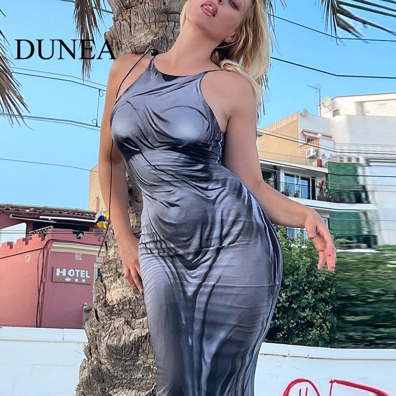 DUNEA Đầm Hai Dây Hở Lưng In Họa Tiết Thời Trang Cho Nữ