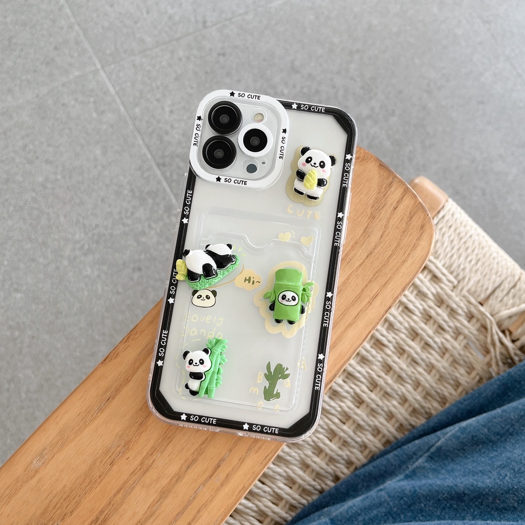 Ốp Điện Thoại TPU Silicon Mềm Trong Suốt Hình Gấu Trúc 3D Có Ngăn Đựng Thẻ Cho iPhone 14 13 12 11 Pro XR XS Max 7 8 Plus