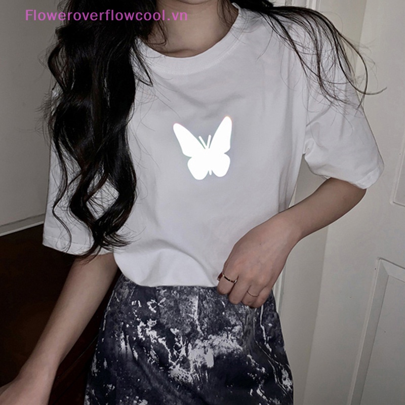 Áo Thun Crop Top Tay Ngắn Cổ Tròn In Hình Bướm Phản Quang Thời Trang Mùa Hè Cho Nữ