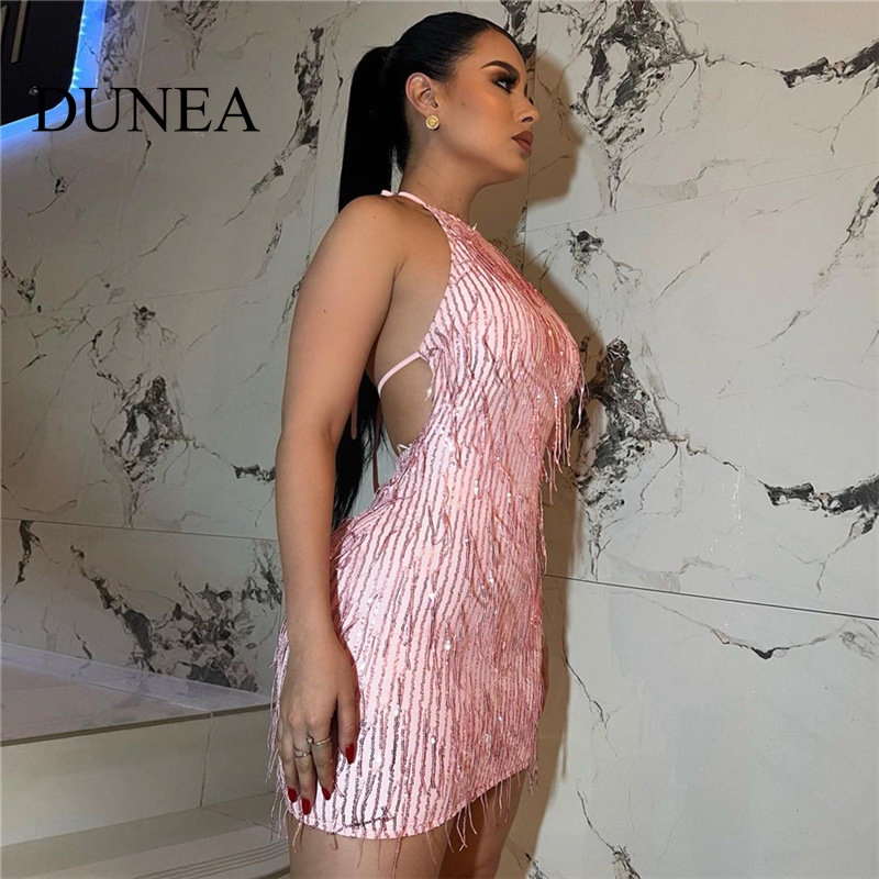 DUNEA Đầm Hai Dây Hở Lưng Đính Kim Sa Lấp Lánh Phong Cách Quyến Rũ